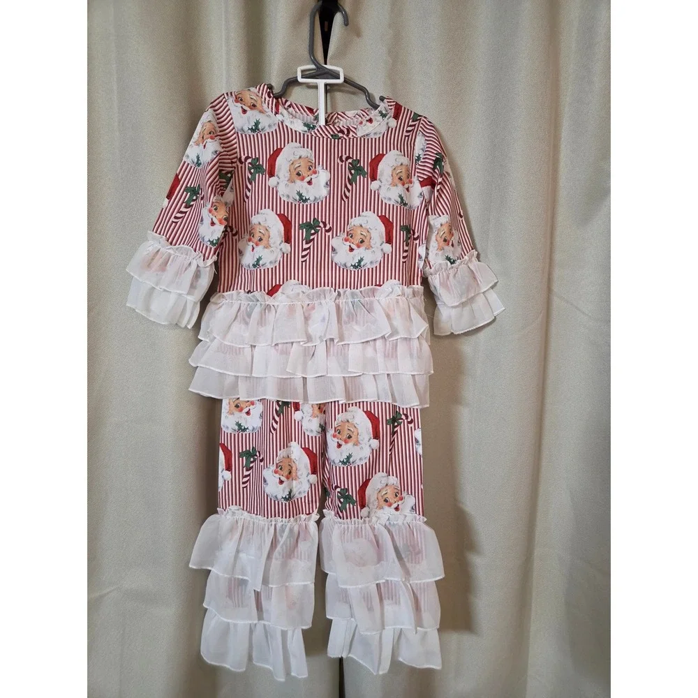 Vintage Santa Ruffle Christmas Outfit Set Red White Stripe Toddler 90
